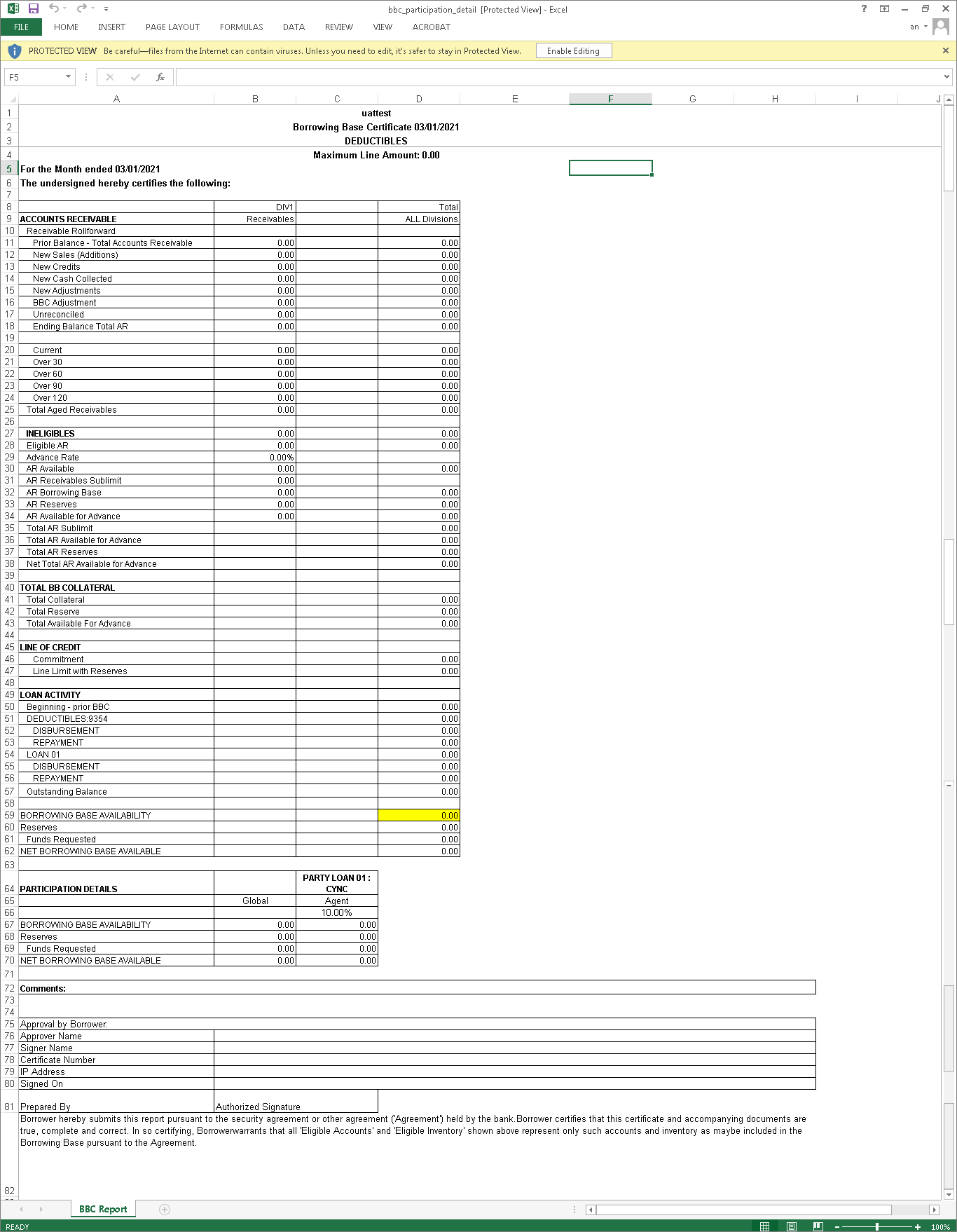 Borrowing base certificate report Excel format